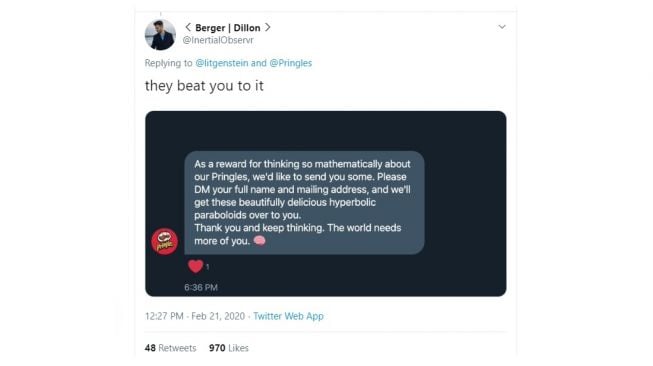 balasan pesan twitter akun resmi Pringles