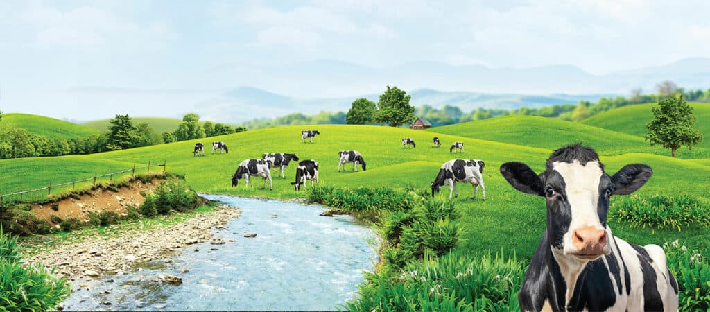 Padang rumput hijau nan indah dengan para sapi menikmati santapan pagi mereka.