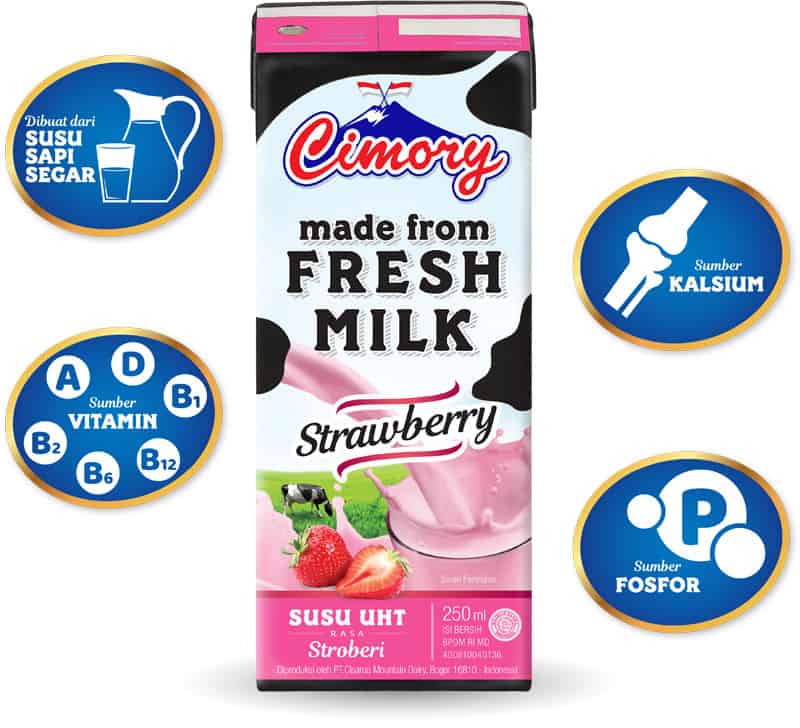 Susu UHT Cimory rasa strawberry dengan kemasan kotaknya.