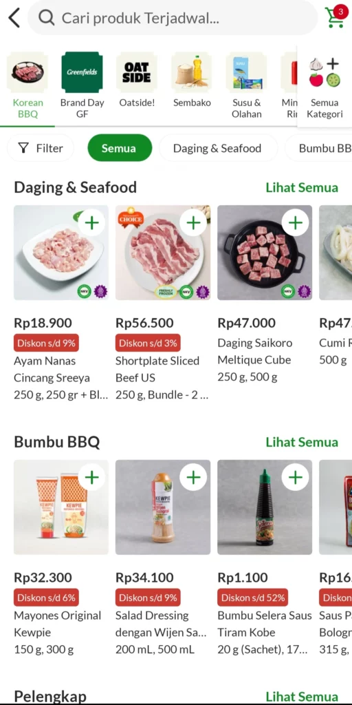Tampilan menu Sayurbox di kategori Korean BBQ