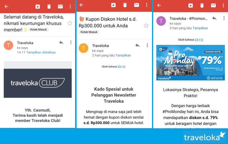 Gambar yang menampilkan contoh newsletter dari Traveloka di email yang berisi promo ekslusif khusus untuk pengguna yang sudah berlangganan. 