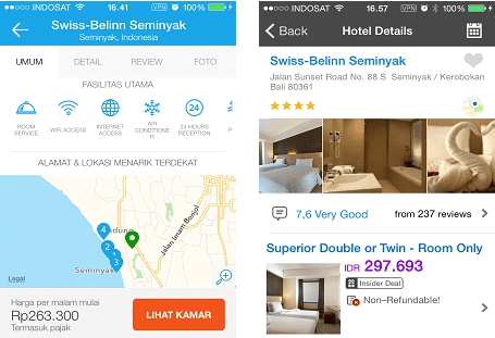 Gambar screenshot hp yang menampil perbandingan harga sewa hotel pada dua aplikasi yang berbeda.